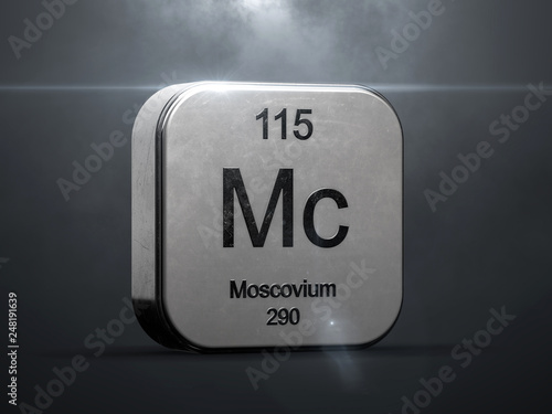 Moscovium element 115 from the periodic table. Metallic futuristic icon 3D rendered with nice lens flare