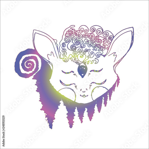 Color neon illustration of a psychedellic animal in meditation, fractal trees, inversion. photo