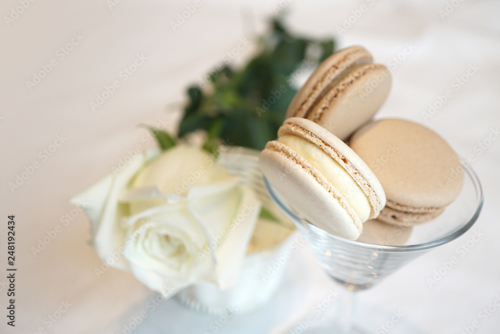 Fototapeta premium White and cream milk cheese macarons in wine glass with white rose flower