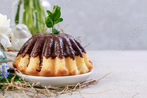 Chocolate easter cake on the table. photo