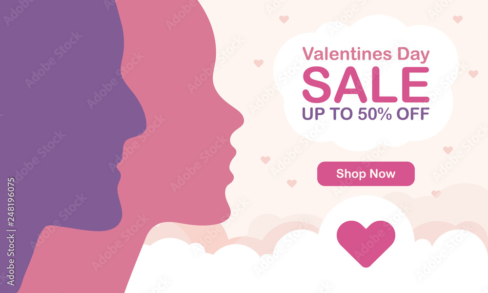 Happy Valentines Day. Sale banner for store. Special offer for shopping. A holiday of love. Silhouette of a romantic couple of lovers on sky background. Cute vector illustration