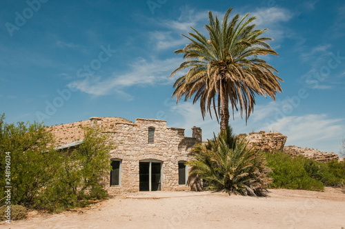 a abandoned stone hut and a palm nerby over blue sky in a sunny day