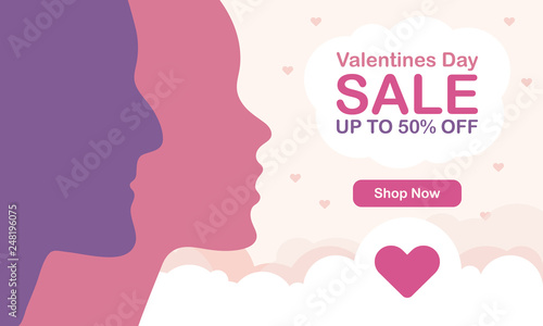 Happy Valentines Day. Sale banner for store. Special offer for shopping. A holiday of love. Silhouette of a romantic couple of lovers on sky background. Cute vector illustration © scoutori