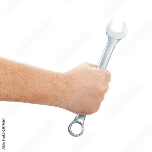Mechanic hand hold wrench in hand on white