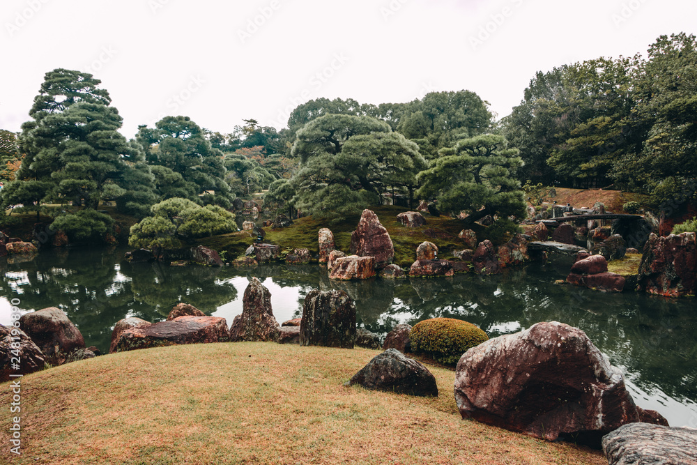 Natural landscape in Japan. Beautiful japanese botanic garden in autumn, Kyoto