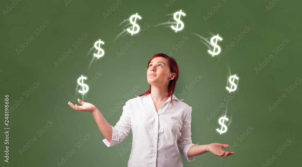 Young happy person juggle with dollar symbol
