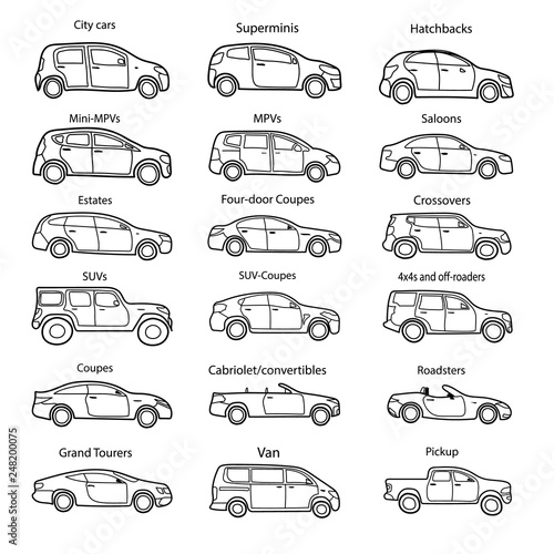 Big set of car body types with text. Simple black outline car icon for your design. Vector illustration