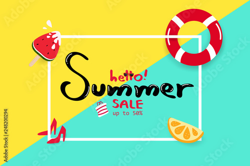 Hello summer, sales tag frame, travel seasonal holiday vacation, card and poster advertisement, colorful background vector illustration
