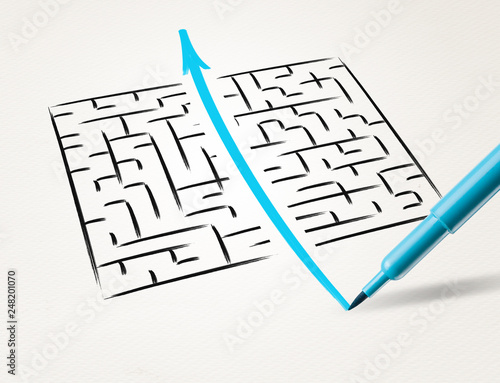 Stationery drawing the exit way out from a labirynt 
