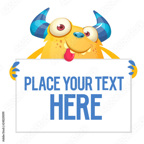 Cute funny cartoon monster holding paper sign or banner
