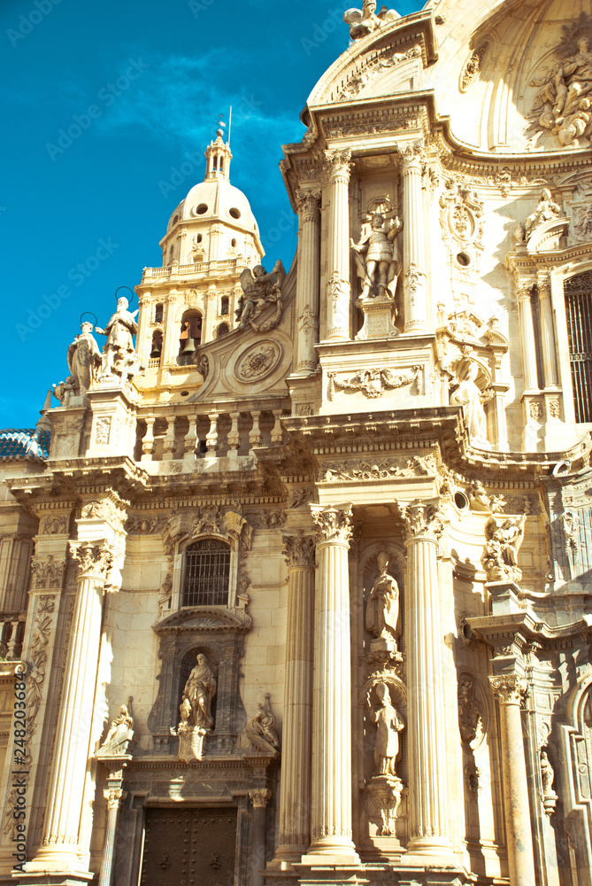 Part of facade of catholic cathedral in Spain.Architecture of baroque and renaissance style.