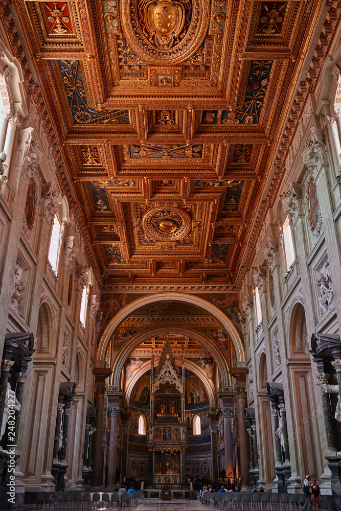 Rome, St. John Lateran Basilica (Basilica di San Giovanni in Laterano) main nave, church ceiling with its wonderful decorations