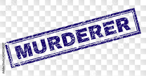 MURDERER stamp seal print with rubber print style and double framed rectangle shape. Stamp is placed on a transparent background. Blue vector rubber print of MURDERER label with corroded texture.