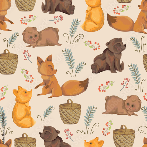 Seamless pattern with little foxes  teddy bear  basket  berries and fern leaves.  Design in watercolor style for baby shower party  wallpaper  fabric. Cartoon characters. Vector illustration.