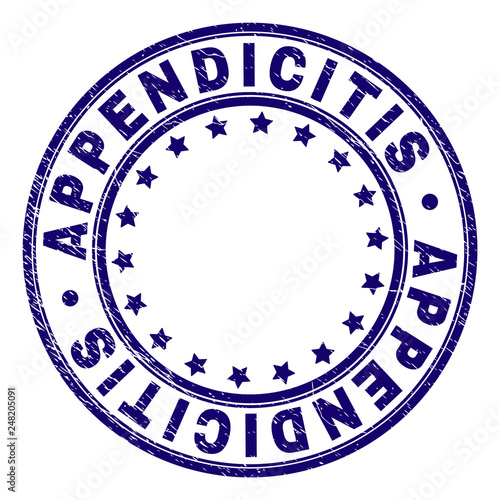 APPENDICITIS stamp seal imprint with grunge effect. Designed with circles and stars. Blue vector rubber print of APPENDICITIS caption with grunge texture.
