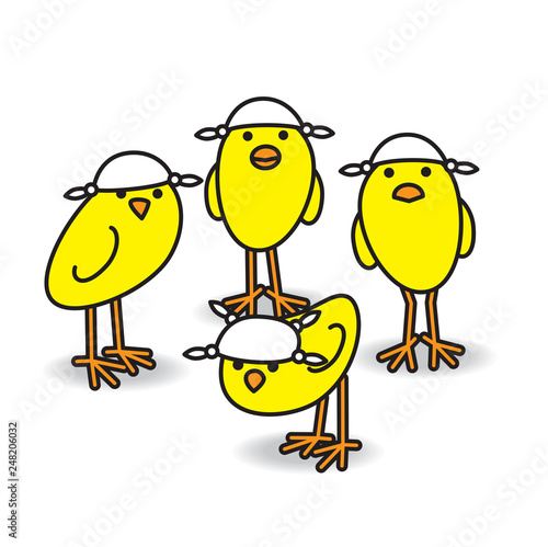 Four Yellow Chicks wearing Handkerchiefs on Heads