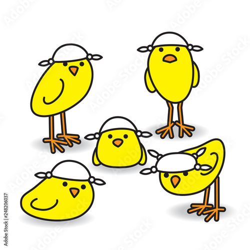 .Five Yellow Chicks wearing Handkerchiefs on Heads
