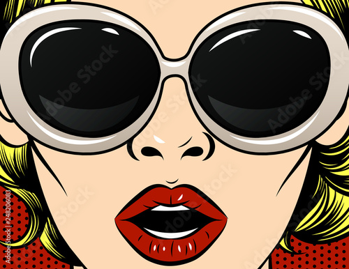 Color vector pop art comic style illustration of a woman's face close up. The girl in dark glasses in a white frame. Girl with red lips. The girl opened her mouth in surprise.