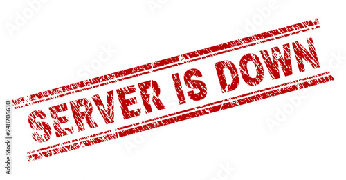 SERVER IS DOWN seal stamp with grunge texture. Red vector rubber print of SERVER IS DOWN caption with grunge texture. Text caption is placed between double parallel lines.
