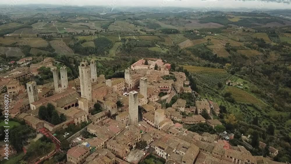 Aerial view of San Gimignano, a medieval town in Tuscany. Panoramic view of a rural landscape in Italy. Aerial view of San Gimignano, a medieval town in Tuscany. Panoramic view of a rural landscape in Italy.