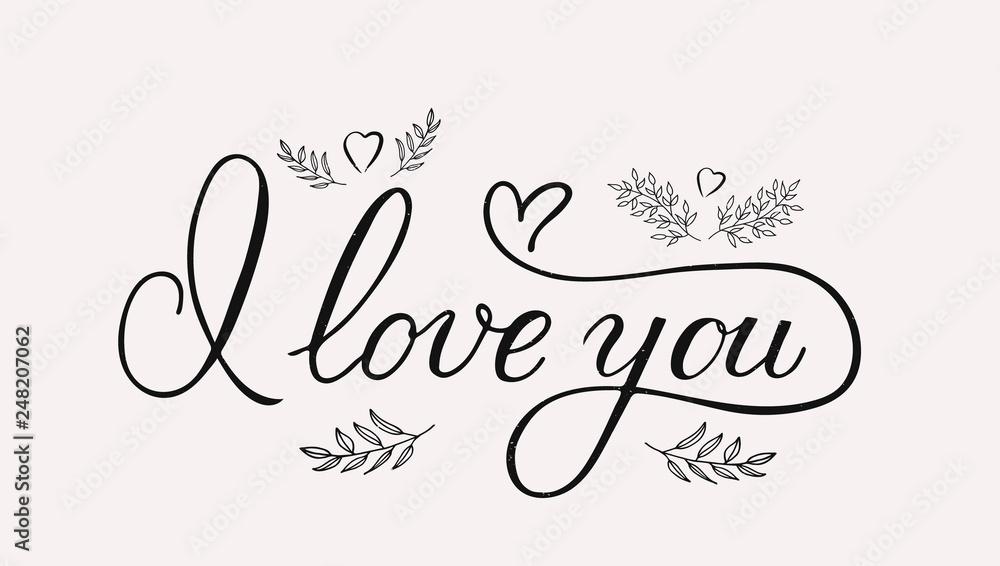 I love you calligraphy lettering with hearts and hand drawn floral elements. Retro Valentines day typography poster. Easy to edit vector template for postcards, greeting cards, banners, flyers, etc. I love you calligraphy lettering with hearts and hand drawn floral elements. Retro Valentines day typography poster. Easy to edit vector template for postcards, greeting cards, banners, flyers, etc.