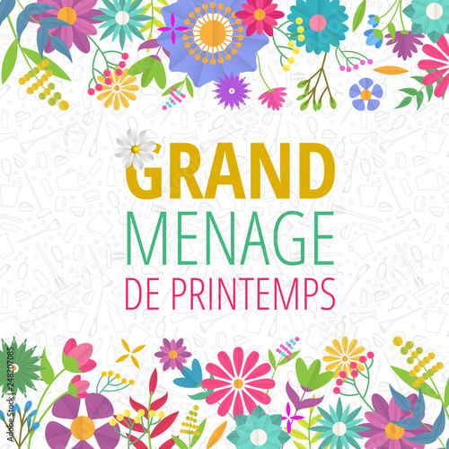 Spring cleaning with set of cleaning supplies and tools pattern. Spring cleaning background. Grand ménage de printemps.