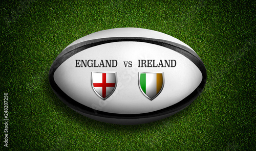 Rugby Match schedule, England vs Ireland, flags of countries and rugby ball - 3D rendering