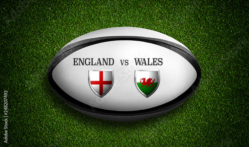 Rugby Match schedule, England vs Wales, flags of countries and rugby ball - 3D rendering photo