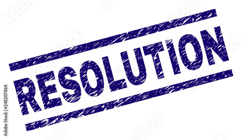 RESOLUTION seal print with scratced style. Blue vector rubber print of RESOLUTION text with unclean texture. Text caption is placed between parallel lines.