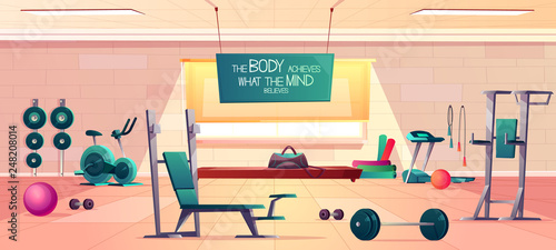 Sport club gym spacious interior cartoon vector with various fitness equipment and machines for body workout, exercise with weights and motivational slogan on signboard illustration. Healthy lifestyle
