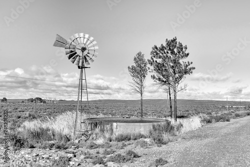 Photography Monochrome landscape with water-pumping windmill, trees and dam