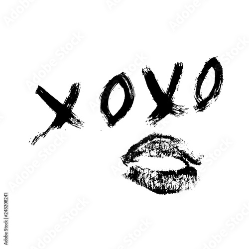 XOXO hand written phrase and lipstick kiss isolated on white background. Hugs and kisses sign. Grunge brush lettering XO. Easy to edit template for Valentine’s day greeting card, banner, poster.