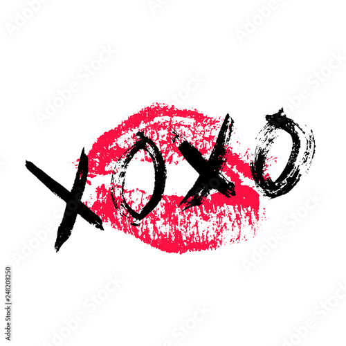 XOXO hand written phrase and red lipstick kiss isolated on white background. Hugs and kisses sign. Grunge brush lettering XO. Easy to edit template for Valentine’s day greeting card, banner, poster.