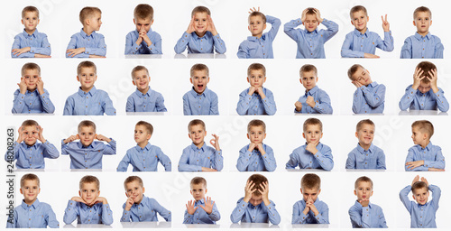 Cute boy, set of different emotions, collage on white background