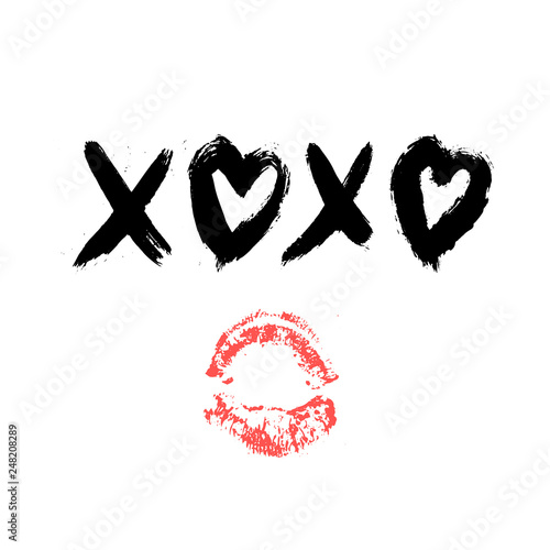 XOXO hand written phrase and red lipstick kiss isolated on white background. Hugs and kisses sign. Grunge brush lettering XO. Easy to edit template for Valentine’s day greeting card, banner, poster.