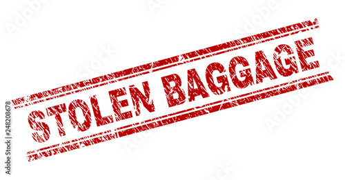 STOLEN BAGGAGE seal print with distress effect. Red vector rubber print of STOLEN BAGGAGE caption with retro texture. Text caption is placed between double parallel lines.