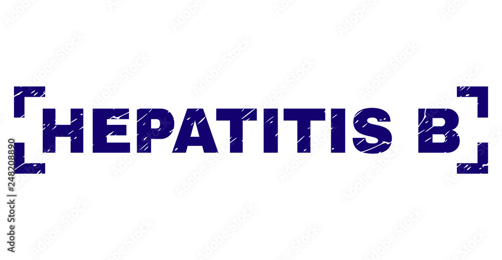 HEPATITIS B title seal watermark with corroded texture. Text title is placed inside corners. Blue vector rubber print of HEPATITIS B with unclean texture.