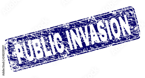 PUBLIC INVASION stamp seal print with grunge texture. Seal shape is a rounded rectangle with frame. Blue vector rubber print of PUBLIC INVASION tag with unclean texture.