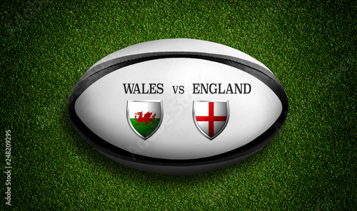 Rugby Match schedule, Wales vs England, flags of countries and rugby ball - 3D rendering