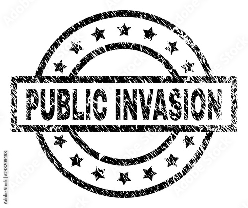 PUBLIC INVASION stamp seal watermark with distress style. Designed with rectangle, circles and stars. Black vector rubber print of PUBLIC INVASION caption with unclean texture.