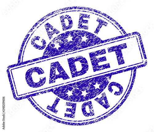 CADET stamp seal watermark with distress texture. Designed with rounded rectangles and circles. Blue vector rubber print of CADET text with unclean texture.