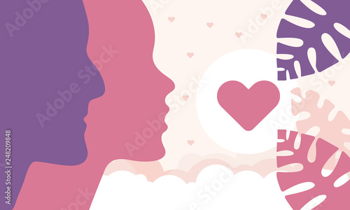 Happy Valentines Day. A holiday of love. Silhouette of a couple of lovers. Cute illustration with hearts and beautiful tropical leaves. The traditional time for romantic dates, shopping on sales