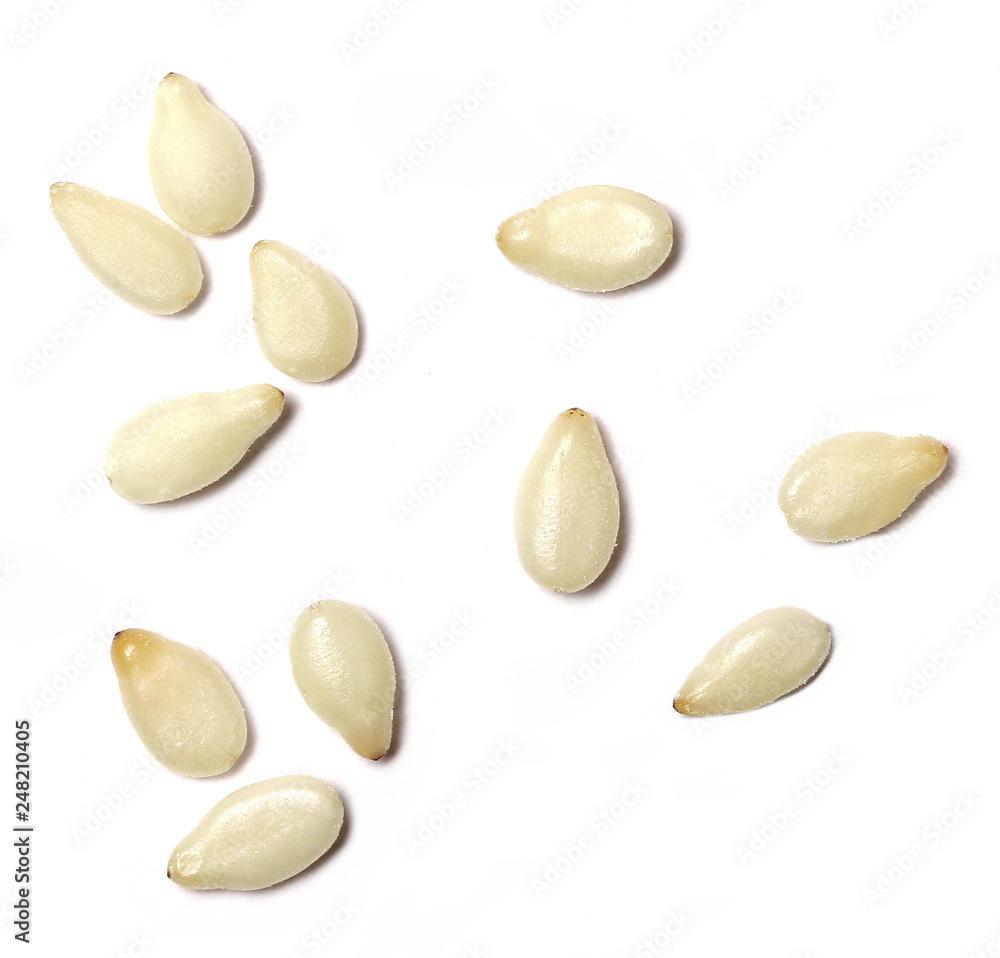 macro sesame seeds isolated on white background, top view StockFoto