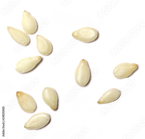 macro sesame seeds isolated on white background, top view