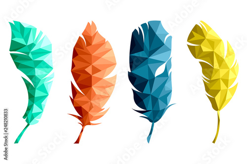 Set of isolated multicolored feathers in low poly graphics on white background