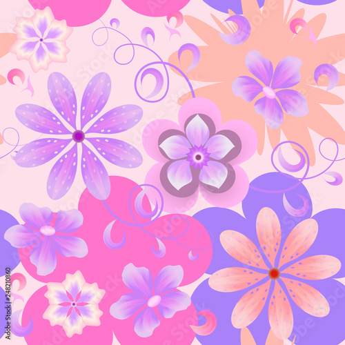 Vector floral pattern of light colors on lilac background for textile design.