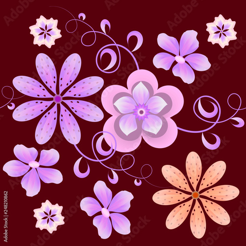 Vector floral pattern of light colors on a dark background for textile design.