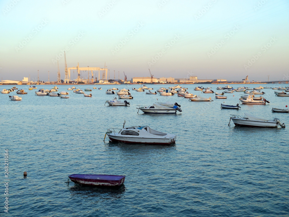 Fishing boats in the bay of Cadiz, Andalusia. Spain.Europe