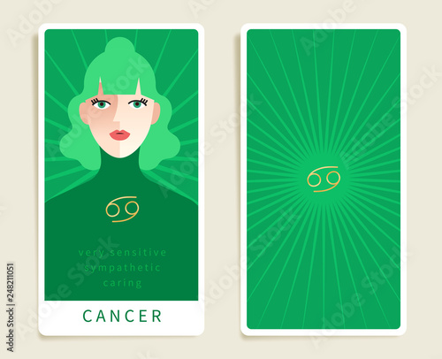 Cancer : Beautiful woman with horoscope sign : Template for tarot cards :Vector Illustration