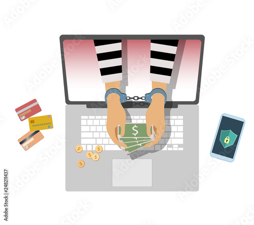 handcuffs on cyber criminal hand from computer vector of security and protection cyber crime concept